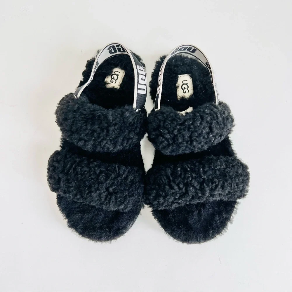 KIDS UGG OH YEAH BLACK SHERPA SANDALS SLIDE SLIPPER